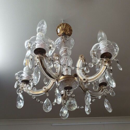 Vintage Glass and Crystal 5 Armed Lighting Pendant / Chandelier