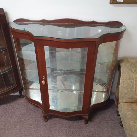 Unusual Serpentine Glazed Display Cabinet with Glass Top and Shelves + Mirrored Back