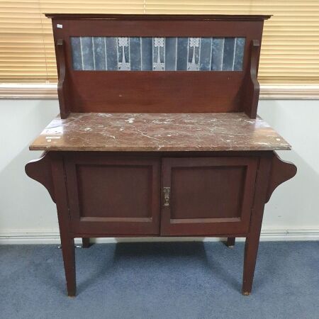 Antique Silky Oak Marble Topped 2 Door Washstand with Original Art Nouveau Tiled Splashback and Towel Rails Each End