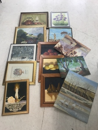 Job Lot of 10 Frames & Pictures + 3 Unframed Paintings