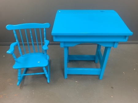 Blue Vintage Childs School Desk and Childs Rocking Chair