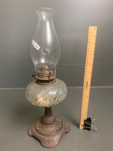 Vintage Kerosene Lamp on Cast Iron Base with Pyrex Glass Chimney