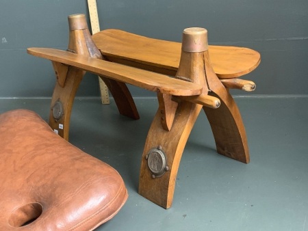 Vintage Leather and Timber Camel Saddle with Egyptian Coin Designs