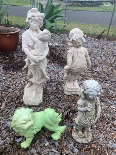 2 Concrete Statues, 1 Glazed Ceramic Foo Dog Figurine, 1 Small Resin Girl