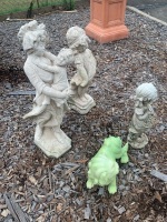 2 Concrete Statues, 1 Glazed Ceramic Foo Dog Figurine, 1 Small Resin Girl - 2