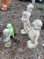 2 Concrete Statues, 1 Glazed Ceramic Foo Dog Figurine, 1 Small Resin Girl - 3