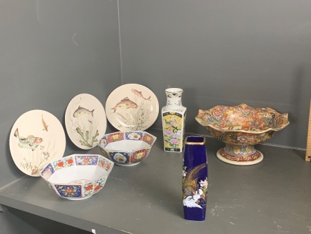 Asian Collection of 3 plates, 3 bowls and 2 vases