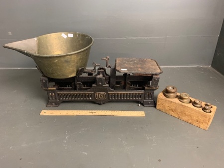 Vintage Scales with Brass Bowl and Brass Weights in Timber Block