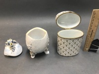 French Porcelain Hinged Lid Fleur De Lis Box + Artisan Egg Pot - 6