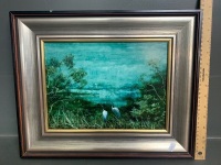 Framed Oil on Board Titled "Ibis By Moonlight" - Signed and Dated Neville James Tyrie 1974