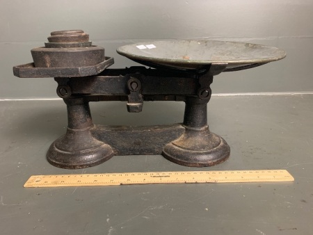 Vintage Scales & Cast Iron Weights and Copper Plate