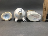 French Porcelain Hinged Lid Fleur De Lis Box + Artisan Egg Pot - 7