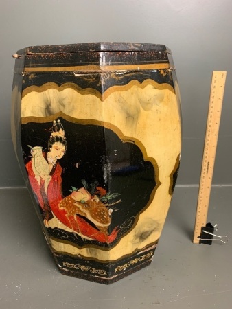 Chinese Qing Dynasty Painted Wooden Rice Barrel with Lid (as is)