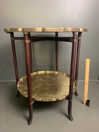 2-Tier Asian Folding Side Table with Incised Brass Shelves