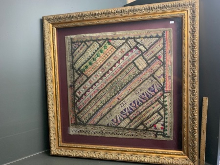 Ornate Indian Pillow in Large Carved and Gilt Frame