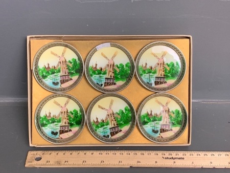 6 Vintage Coasters - Dutch Delft Like Design with Windmill and Canal Scene Painted on Glass with Pierced Tin Rim in box