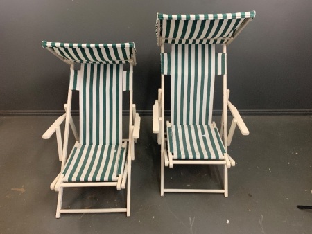 2 Vintage Painter Wooden Adjstable Deck Chairs with Shade