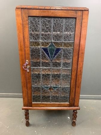 English Oak Music Cabinet with Leadlight Door and Barley Twist Legs