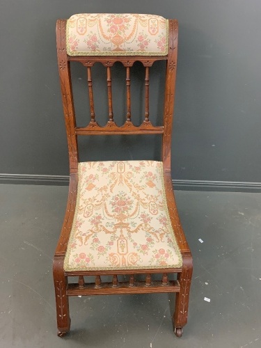 Edwardian Upholstered Slipper Chair on Metal/Porcelain Casters