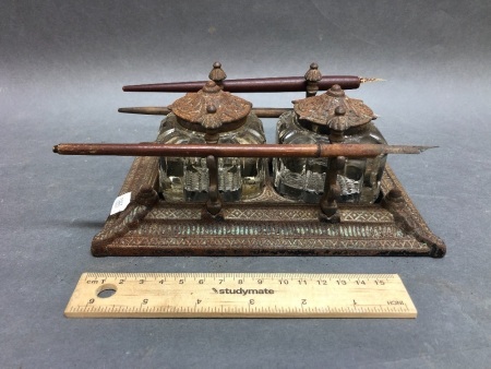 Antique Cast Iron Desk Set with Original Glass Ink Bottles + 3 Old Nib Pens