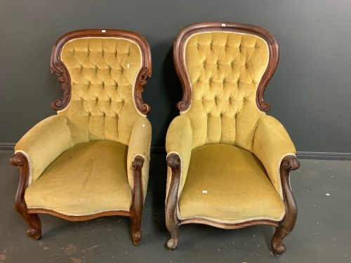 2 Antique Upholstered Button Back Armchairs