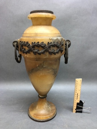 Tall Vintage Italian Alabaster Urn with Cast Metal Handles & Flower Garlands