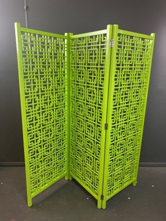 Large Chinese 3 Piece Folding Timber Screen - Painted Lime Green