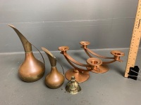 Lot of 2 Dutch Copper Pitchers, 2 Beaten Copper Rodd Candle Arbera's and Miniture Brass Maid Lady Bell