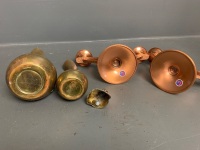 Lot of 2 Dutch Copper Pitchers, 2 Beaten Copper Rodd Candle Arbera's and Miniture Brass Maid Lady Bell - 2