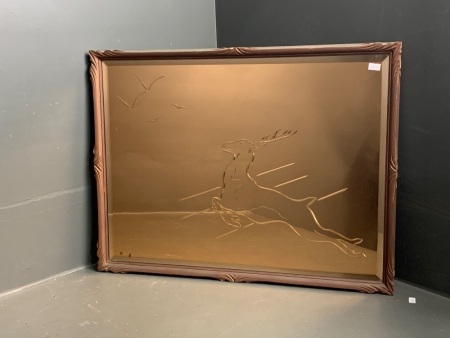 Wooden Framed Art Deco Bevelled and Amber Tinted Mirror - Etched Antelope and Bird Scene