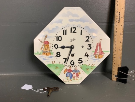 Vintage Ceramic Juba Wall Clock with Dutch Scene - Working with Key