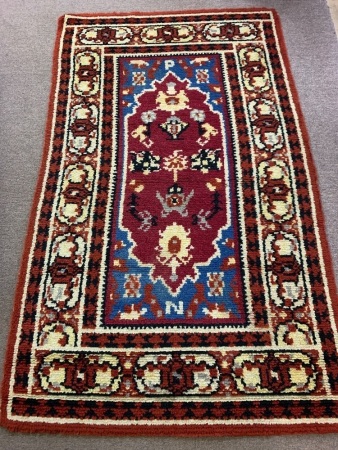 Hand Knotted Pure Wool Rug in Burgandy, Creams and Blue