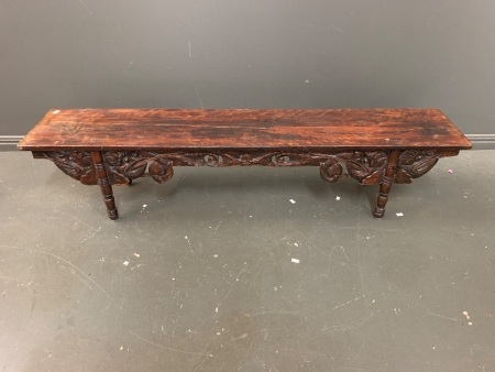 Vintage Low Asian Bench with Intricately Carved Front Skirting on Turned Legs