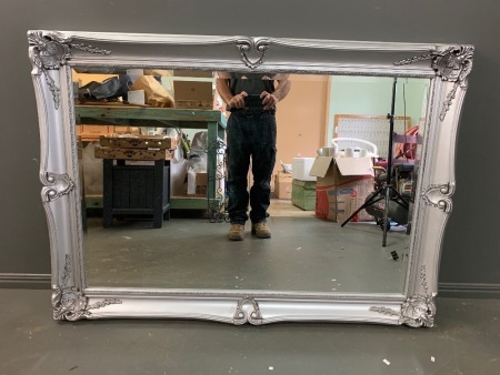 Large Bevelled Edged Mirror with Silver Coloured Carved Wooden Frame