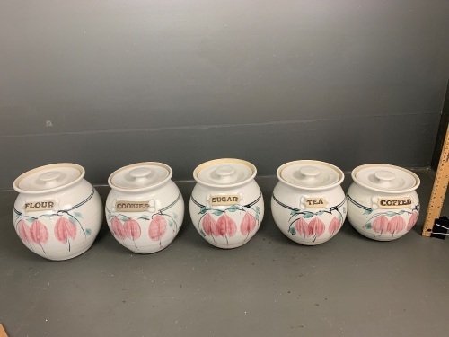 5 Kitchen Pottery Jars with Lids made by Australian Clayworkers Pottery