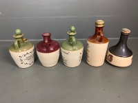 5 Stonware Decanters - 3 Whiskey, 1 Rum and 1 Wine - 2