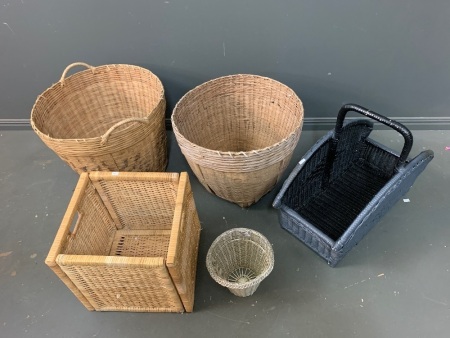 Lot of 4 Cane Baskets + 1 Other