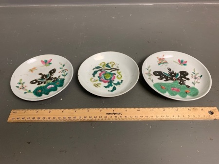 3 Vintage Painted Chinese Plates - marked to base