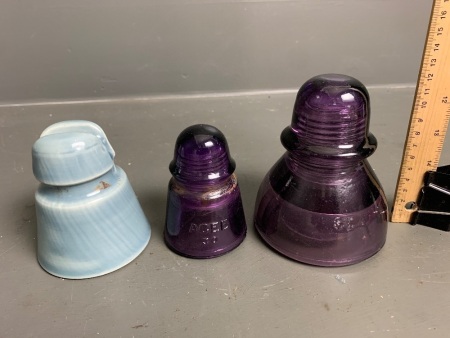 3 Vintage Insulators - 2 Purple Glass, 1 Ceramic