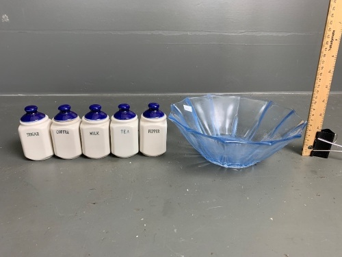 Set of 5 Small Ceramic Lidded Cannisters and Blue Glass Bowl