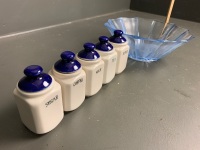 Set of 5 Small Ceramic Lidded Cannisters and Blue Glass Bowl - 2