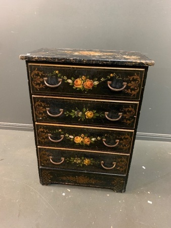 Small Chest of Drawers with Hand Painted Floral Scene and Mother of Pearl Inlays