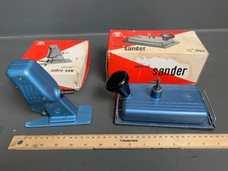 2 1960's Drill Powered Tools in Original Boxes - 1 x 1/2 Sheet Orbital Sander, 1 x Sabre Saw