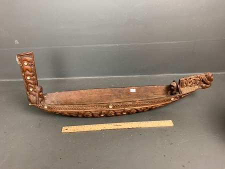 Vintage Wooden Model Tribal War Canoe with MOP Inlays