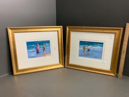 2 Gilt Framed Beach Scene Artworks signed Pam Hopkins