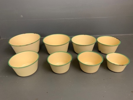 8 Cream/Green Stacking Vintage Enamel Kitchen Bowls