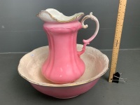 Antique Devonware Wash Bowl and Jug - Pink/Cream with Gold Edging - as is