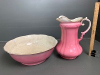 Antique Devonware Wash Bowl and Jug - Pink/Cream with Gold Edging - as is - 2