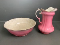 Antique Devonware Wash Bowl and Jug - Pink/Cream with Gold Edging - as is - 4