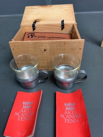 Swedish Glass & Pewter Coffee Cups in Wooden Box